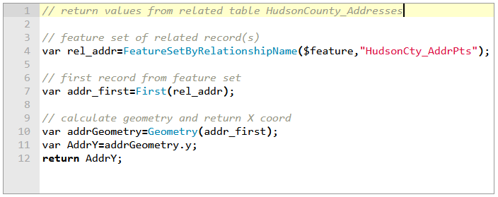 Arcade script calculating latitude geometry from a related feature layer utilizing FeatureSet function to access attributes from a related record; ArcGIS Arcade expression language
Arcade script ; Esri Arcade expression language