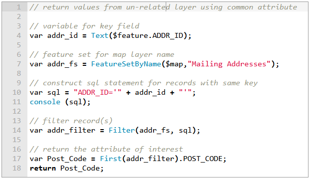 Arcade script utilizing FeatureSet function to access attributes from a layer with a common attribute; Esri Arcade expression language