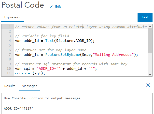 Arcade expression editor window showing script test with console function; Esri Arcade expression language