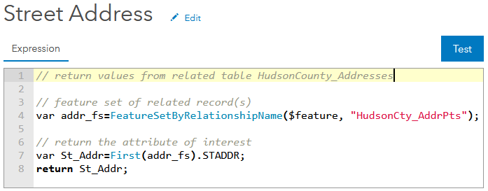 Arcade script utilizing FeatureSet function to access attributes from a related feature layer; Esri Arcade expression language