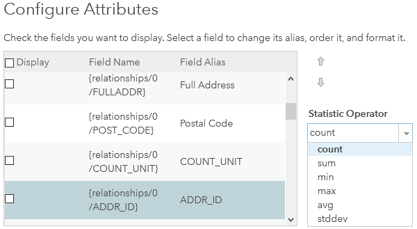 ArcGIS Online layer Configure Attribute window showing fields from related layer and Statistic Operator options
