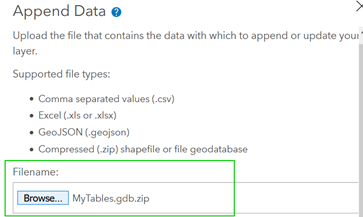 The Append Data to Layer tool for a FeatureLayer item in ArcGISOnline