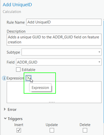 An example ArcGIS Attribute Rules Immediate Calculation Rule to calculate a GUID or unique ID field