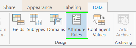 Access the ArcGIS Pro Attribute Rules interface through the Data ribbon