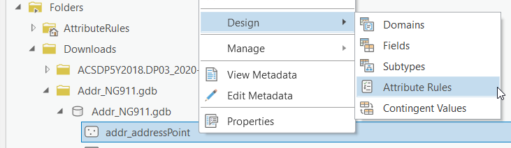 Accessing the ArcGIS Pro Attribute Rules through the Design context menu