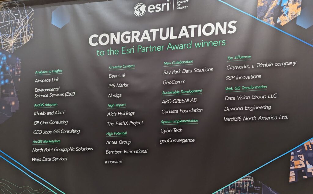 Banner of this year's Esri Partner Award winners